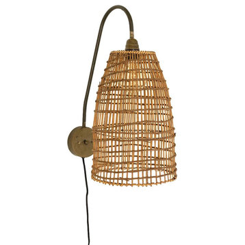 Classic Wicker Cage Dome Shade Arm Wall Sconce 23 in Casual Neutral Bedroom