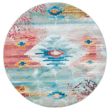Safavieh Barbados Collection BAR554 Indoor-Outdoor Rug, Light Blue/Pink, 6'6" Round
