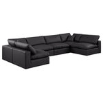 Meridian Furniture - Comfy Upholstered U-Shaped Modular Sectional, Black, 6-Piece: 4 Armless Chair, 2 Corner Chair, Vegan Leather - Give your space a whole new look with this black Comfy vegan leather sectional. This handsome sectional fits nicely with other items in the Comfy collection and is a versatile seating option designed for adaptability, comfort and style. Wrapped in rich black durable vegan leathered upholstery, this sectional offers a plush embrace of overstuffed down feather cushions, carefully crafted to deliver the highest level of comfort. The perfect seat for creating an oasis for relaxation, this sectional has thick foam surrounding its frame for added support and coziness.