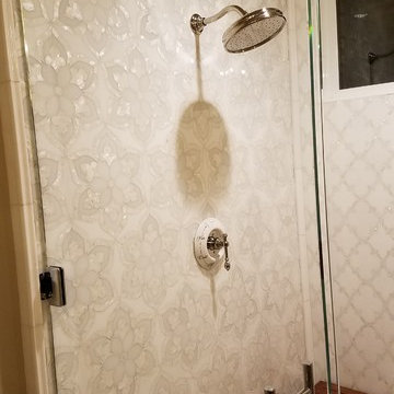 Rojo Alicante Vanity and Waterjet Mosaic Shower