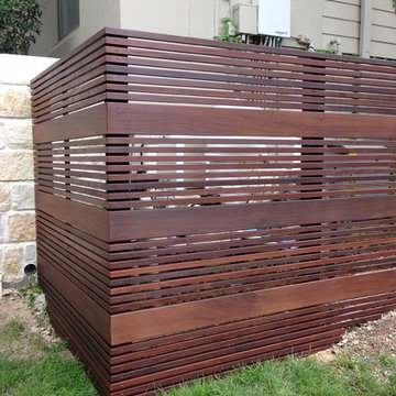 Modern ipe deck, railing and screen around existing pool