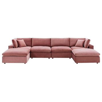 Modway Commix 6-Piece Overstuffed Velvet Sectional Sofa in Dusty Rose Pink