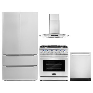 4-Piece, 30" Gas Range, 30" Range Hood, 24" Dishwasher and Refrigerator