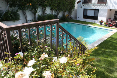 Example of a large backyard rectangular hot tub design in Los Angeles
