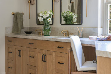 Example of a mid-sized trendy master double-sink bathroom design in Sacramento with furniture-like cabinets, beige cabinets, quartzite countertops, beige countertops and a built-in vanity