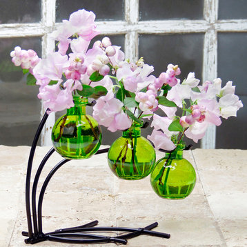 Casablanca Three Recycled Glass Vases and Metal Stand, Purple