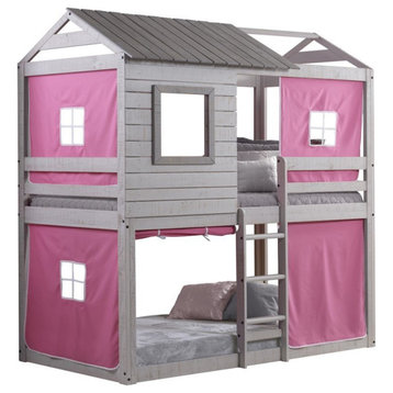 Donco Kids Deer Blind Twin Over Twin Solid Wood Bunk Bed with Pink Tent in Gray