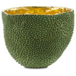 Currey & Company - Jackfruit Large Vase - Our Jackfruit decorative vessels include the Jackfruit Large Vase that is made from a lost-wax process so it reads as if it is covered in the skin of the jackfruit. The inside of each bronze vase is a brilliant gold made of polished solid bronze, which will need to be cleaned from time to time to maintain its sheen. These green decorative vessels are water tight so they will not leak.