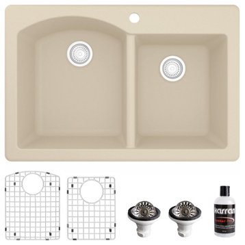 Karran Drop-In Quartz 33" 1-Hole 60/40 Double Bowl Sink Kit, Bisque