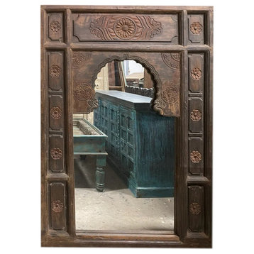 Antique Cusped Wall Mirror, Old Arched Lotus, Carved Rustic Spanish Elements