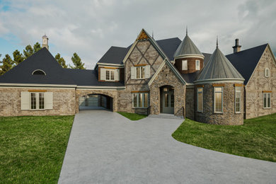 Inspiration for a large cottage / country three-story brick exterior home remodel in Salt Lake City with a metal roof