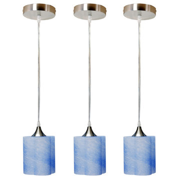 4-Cylinder Hand Blown Glass Pendant Brushed Nickel Finish, Blue, Pack of 3