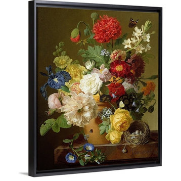 "Flower Still Life on a marble ledge, 1800 01" Floating Frame Canvas Art, 22"...
