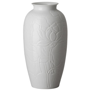 Lotus Engraved Vase, White 9X17"H