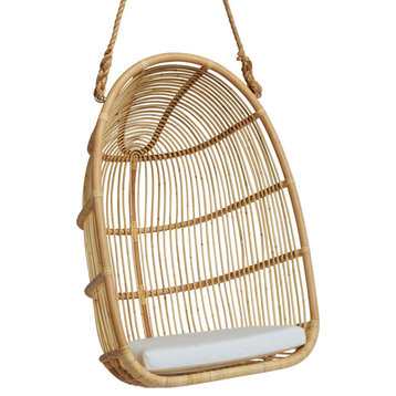 Renoir Rattan Hanging Swing Chair, Natural, Tempotest White Canvas Cushion