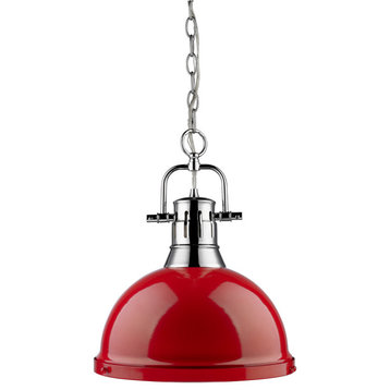Duncan 1-Light Pendant With Chain, Chrome With Red Shade