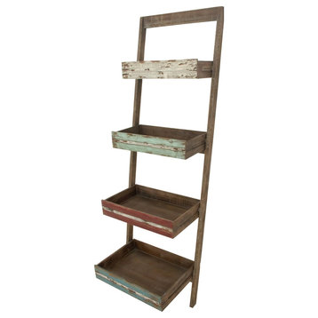 Tall Farmhouse Bookshelf, Ladder Design With 4 Tray Style Shelves, Brown Finish