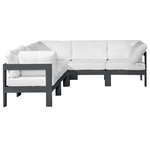 Meridian Furniture - Nizuc Water Resistant Patio L-Shaped Modular Sectional, White, 5-Piece: 2 Armless Chair, 3 Corner Chair, Dark Gray Aluminum Frame - Pick and choose your favorites from the Nizuc collection to create a modular seating group the whole gang will enjoy. The sturdy aluminum frame provides dependable support for friends and family as they relax and unwind, and the resilient white water resistant fabric stands up to the elements without losing its beautiful demeanor, so you can count on it lasting for the long haul. Latches beneath these seating pieces help you easily attach them to one another for convenient setup.