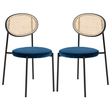 LeisureMod Euston Dining Chair with Wicker Back & Velvet Seat Set of 2 Navy Blue