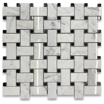 Basketweave Mosaic Statuary Statuario White Marble 1x2 Tile Polished, 1 sheet
