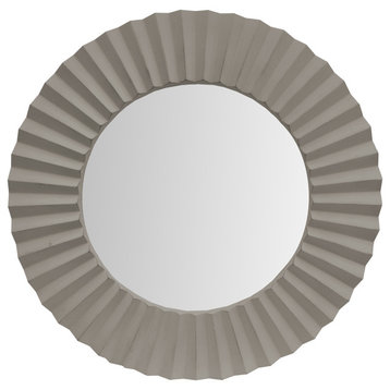 32"Round Beveled Floating Wall Mirror With Corrugated Design Wooden Frame, Gray