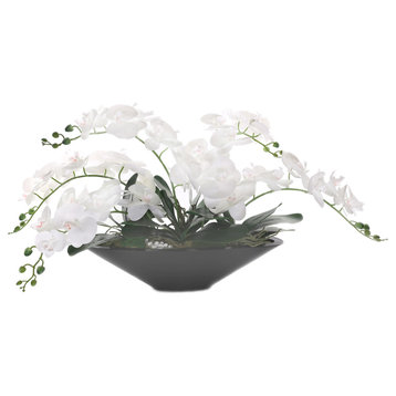 White Real Touch Phalaenopsis Orchids, Modern Black Pot