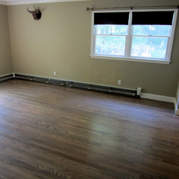 NISSEQUOGUE:  2 1/4" RED OAK W/ CUSTOM GREY BLEND STAIN + BONA TRAFFIC HD SATIN