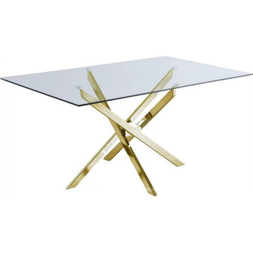 Contemporary Dining Table, Unique Interlocking Base With Glass Top, Gold