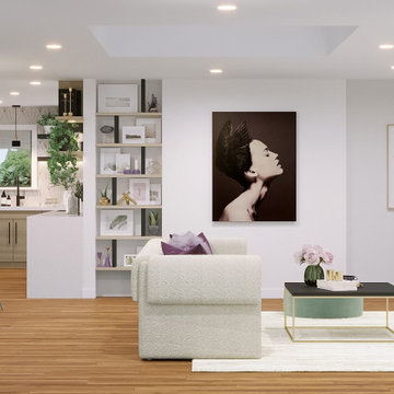 Modern Living Room And Kitchen With Purple and Mint Accents