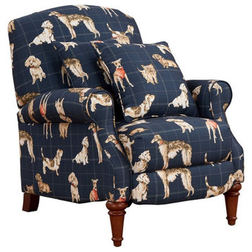 Bowery Hill Happy Dog Fabric Recliner with Two Matching Pillows in Navy Blue