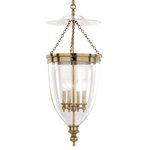 Hudson Valley Lighting - Hanover 4-Light Pendant Clear Glass Shade, Aged Brass - Not only does our bell jar lantern capture the timeless style of a British heirloom, blown glass and cast brass ensures Hanover will be admired for generations. Patterned after the signature lanterns that graced royal foyers during the English Regency, Hanover resounds with authentic details. Filigreed hangers anchor Hanover's three brass chains, while a glass smoke bell warmly diffuses light across an expanse of upward space.