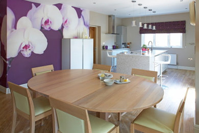 Vibrant orchid kitchen with white glass cabinets