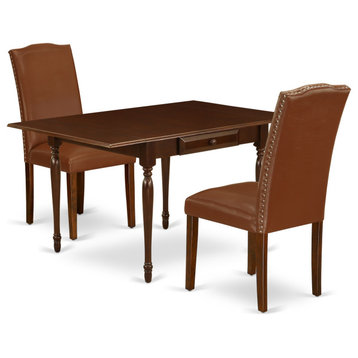 3-Piece Set Table, 2 Parson Dining Chairs-Brown Pu Leather