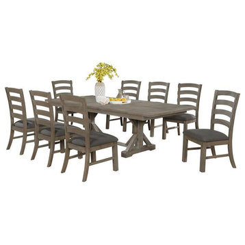 9pc Rustic Gray Brown Wood Dining Set with 8 Gray Linen Chairs