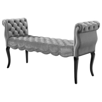 Accent Bench, Chesterfield Design With Cabriole Legs & Tufted Seat, Light Gray