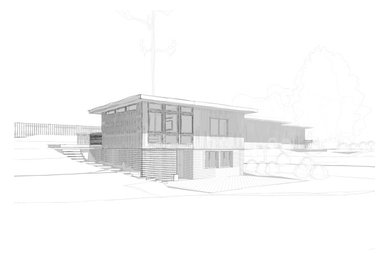 Example of a mid-sized mid-century modern two-story concrete fiberboard and clapboard house exterior design in Seattle with a shed roof and a black roof