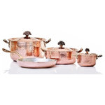 Amoretti Brothers - Copper Set 7 Pcs with "Fiore" Signature Lid, Tin Lining - Amoretti Brothers copper 7-piece cookware set contains the following items: 1.3 quart sauce pan with lid 4.4 quart saute pan with lid 5.7 quart sauce pan with lid 9 inch frying pan Copper is 2mm thick Cooking surface is hand-lined with tin, following the European cookware tradition Handles are polished, cast bronze & copper Lifetime warranty from Amoretti Brothers with normal use and proper care. The pans come with our "Fiore" signature lid. Wooden gift box included