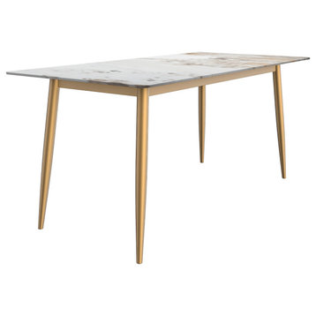 LeisureMod Zayle Dining Table With a 71" Rectangular Top and Gold Steel Base, White Gray