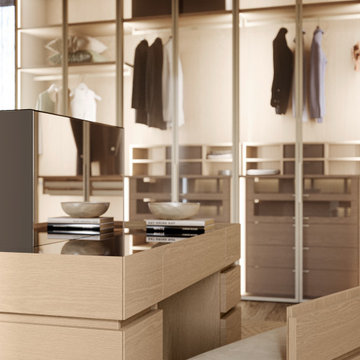 Walk in Closet Featuring Tall Glass Framed Cabinets and Open Shelving System