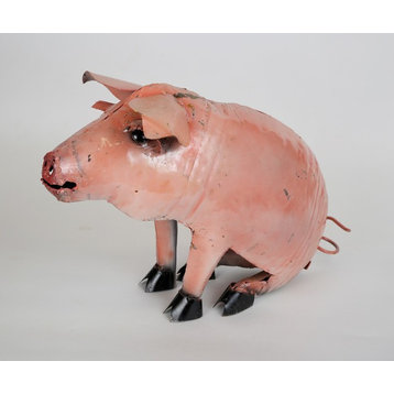 Recycled Metal Sitting Pig, Pink