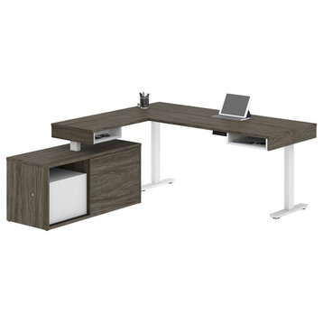 Height Adjustable L-Desk in Walnut Grey & White