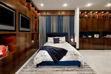 Mid-sized transitional boy carpeted and beige floor kids' room photo in Las Vegas with white walls