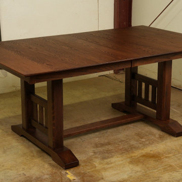 Solid Oak Mission-Style Trestle Dining Table — Full Stain and Finish Application