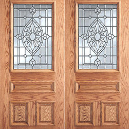 Floral Grid Design Glass, 3-Panel 1/2 Lite Exterior Double Door - Front Doors