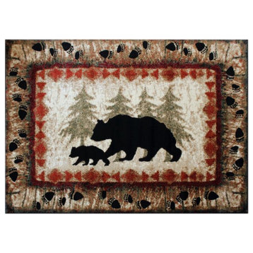 Ursus Collection Rustic Lodge Black Bear and Cub Area Rug with Jute Backing, Brown, 8' X 10'