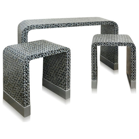 Nested Waterfall Tables Set of 3 Blue, Gray Mother of Pearl Mosaic