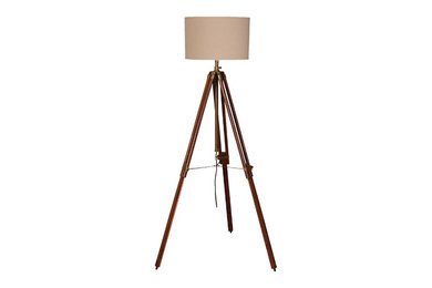 Brass/Wood Tripod Floor Lamp