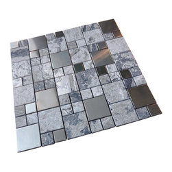 Pebble Stone Marble with Grey Metallic Square Glass Mosaic Tiles - Home Accessories & Decor