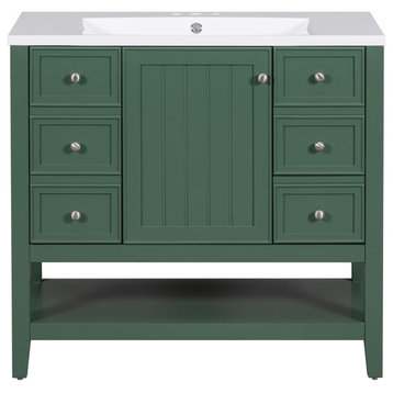 36 Inch Freestanding Bathroom Vanity Set in Blue with Drawers and Ceramic Sink, Green