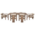 Armen Living - Relic Outdoor Dining Set Eucalyptus Wood Taupe Olefin Cushions, 7-Piece Set - Introducing the Relic Outdoor Patio Dining Set - a testament to the timeless beauty of weathered Eucalyptus wood, meticulously crafted to enrich your outdoor dining experience with rustic charm. This set seamlessly combines the aged allure of weathered Eucalyptus wood with the practicality of water-resistant and UV-resistant features, creating distinctive outdoor furniture that exudes character and durability. The weathered Eucalyptus wood frame of the Relic Outdoor Patio Dining Table adds a unique and inviting aesthetic to your patio, offering a timeless appeal that only improves with time. Each knot and grain tells a story, creating an ambiance of rustic elegance that complements various outdoor settings. Designed to withstand the elements, the dining table boasts water-resistant and UV-resistant properties, ensuring resilience and style in the face of changing weather conditions. Paired with the Relic Outdoor Patio Dining Chair, immerse yourself in comfort with plush Olefin cushions adorning the chair. The neutral tone of the cushions complements the weathered wood, creating a harmonious balance between rugged charm and refined comfort. The dining chair, crafted with the same weathered Eucalyptus wood, boasts water-resistant Eucalyptus and UV-resistant frame and fabric, ensuring resilience and style in the face of changing weather conditions. Whether under the sun's warm embrace or during an unexpected drizzle, the Relic Dining Set stands as a steadfast focal point for your outdoor gatherings. Elevate your outdoor aesthetic with the Relic Outdoor Patio Dining Set in Weathered Eucalyptus Wood and Taupe Olefin Upholstery- a perfect blend of enduring style and craftsmanship for your outdoor dining space.